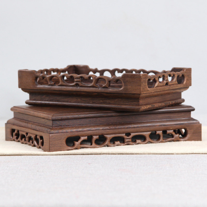 长方形花盆奇石石头底座实木托 红木雕刻工艺品摆件底座实木质中式