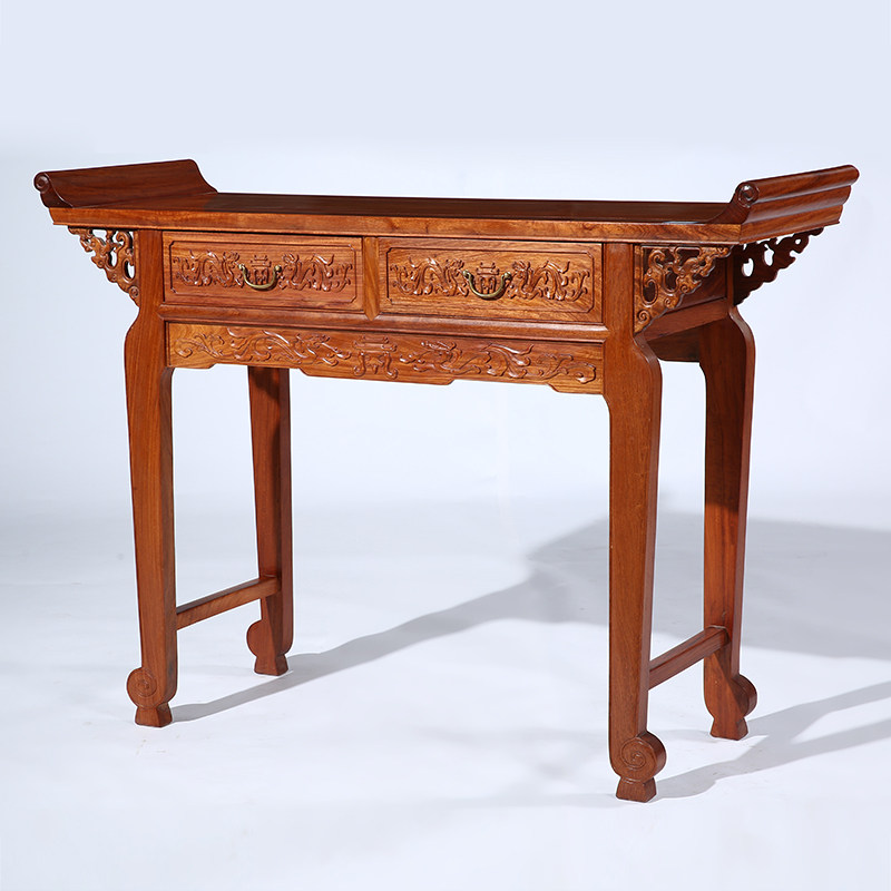 红木家具缅甸花梨木雕雕花翘头案中式实木中堂带抽条案