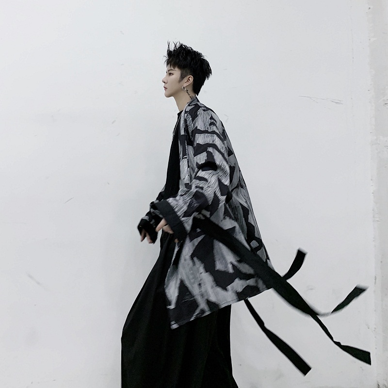 山本暗黑定制小众和服领飘逸宽松衬衫男走秀款飘带长袖衬衣开衫男