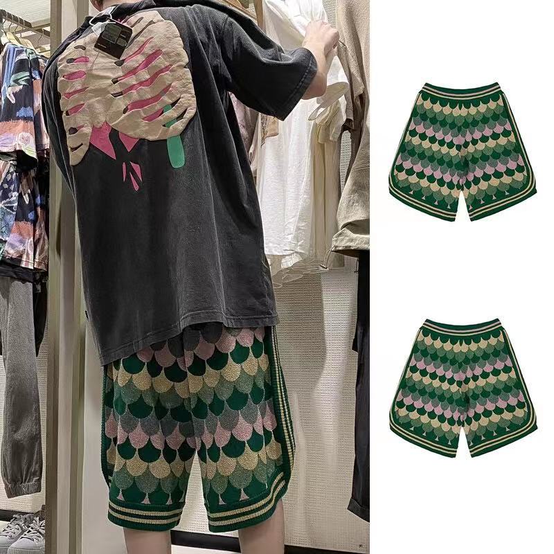 夏季INS复古休闲针织运动短裤男女情侣高街孔雀蓝羽毛五分沙滩裤