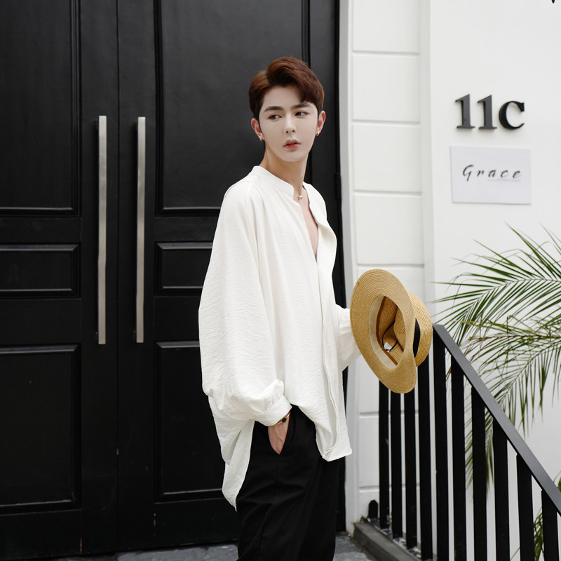 复古慵懒风上衣个性韩版潮流bf风中性前短后长衬衫男简约蝙蝠衬衣