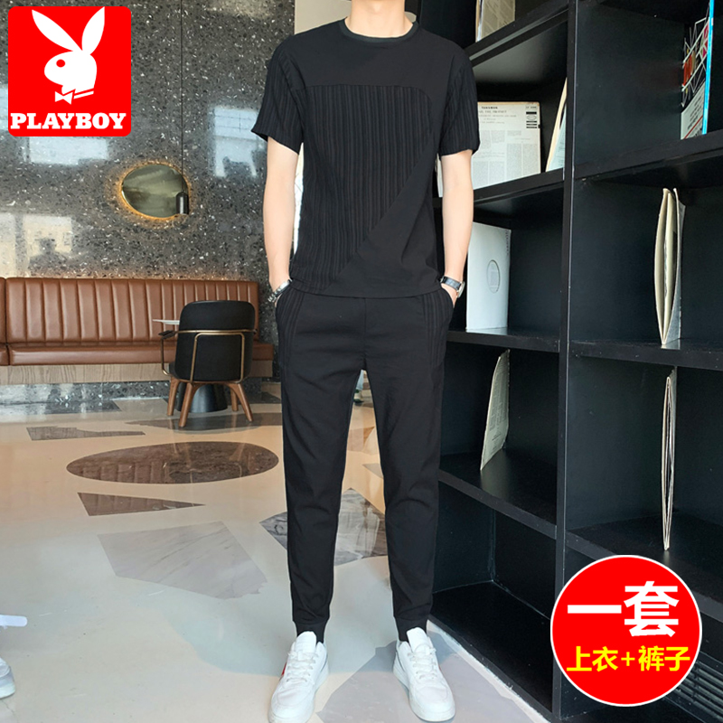 花花公子夏季冰丝短袖t恤男士高端潮牌帅气一套搭配休闲套装薄款