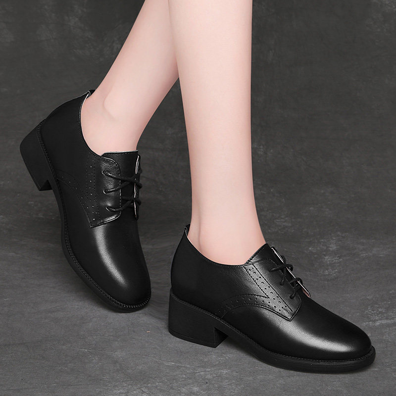 富贵鸟皮鞋女中中跟黑色妈妈真皮软皮春秋单鞋单鞋