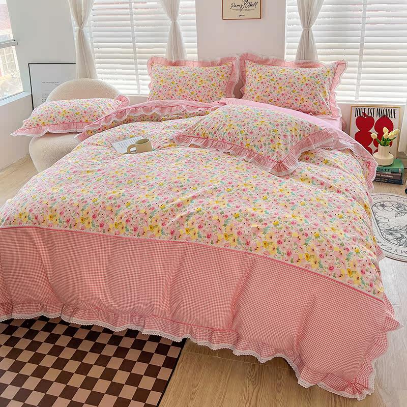 绿色春季田园碎花床单床上被套高级全棉纯棉床品套件
