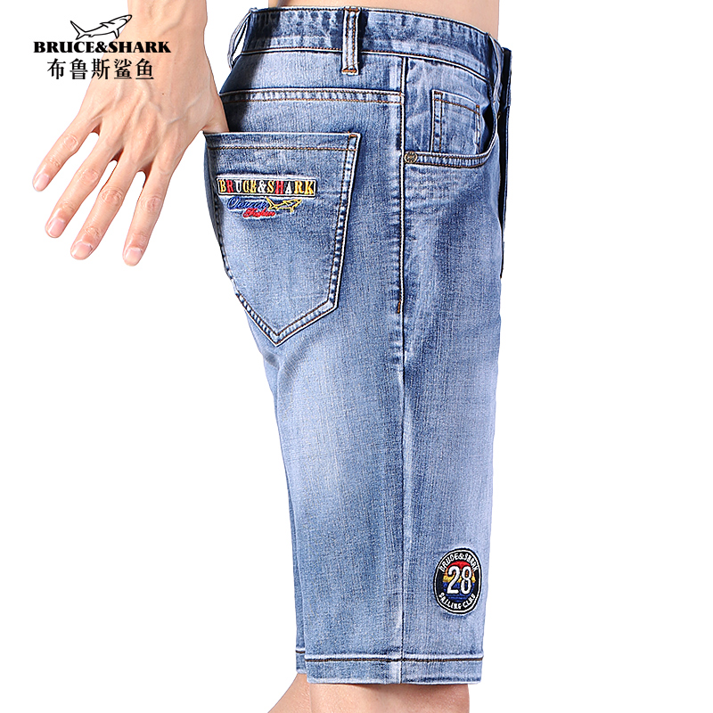 潮流夏季新款短裤男直筒宽松五分男士牛仔裤布鲁斯鲨鱼男潮5分裤