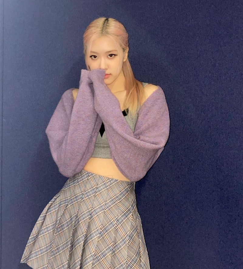 新款rose朴彩英同款紫色开衫短外套格纹百褶裙半身时尚套装