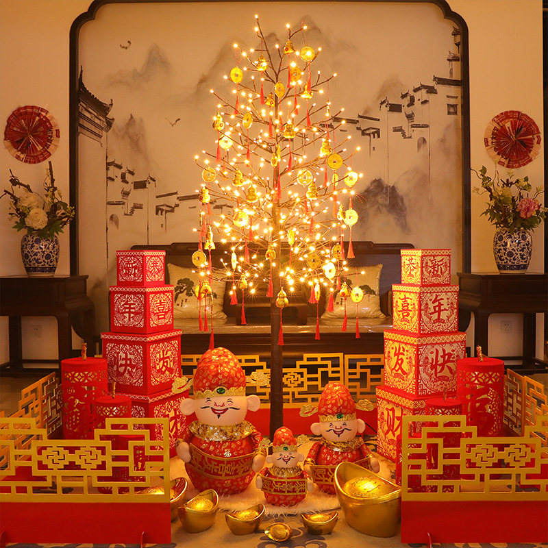 酒店商场美陈年会布置发财树元旦新年场景堆头摆件春节橱窗装饰品