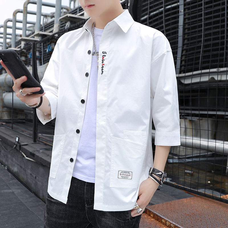 衬衫男士春秋季长袖韩版潮流痞帅气很仙的衬衣纯棉七分袖工装外套