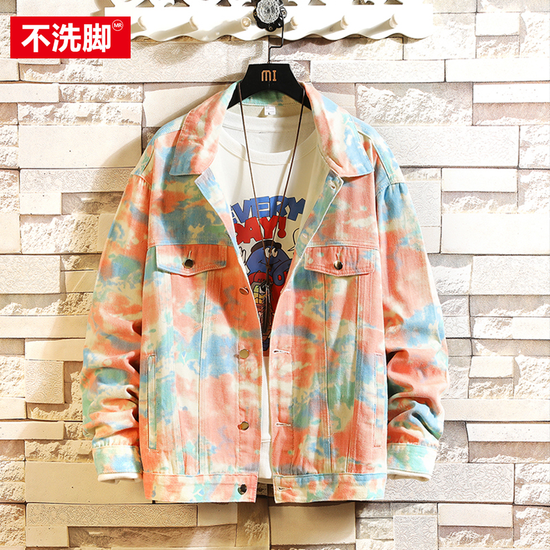 胖子日系扎染潮流百搭牛仔衣外套男大码宽松潮牌痞帅春季褂子夹克