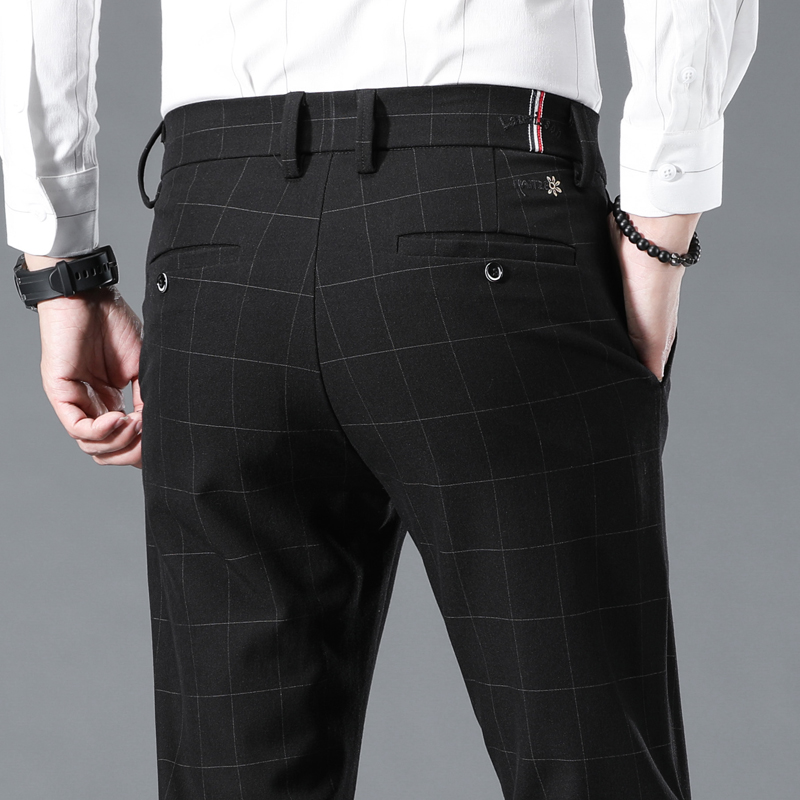 春夏季男裤冰丝格子商务西裤子男士休闲长裤修身小脚西装职业速干