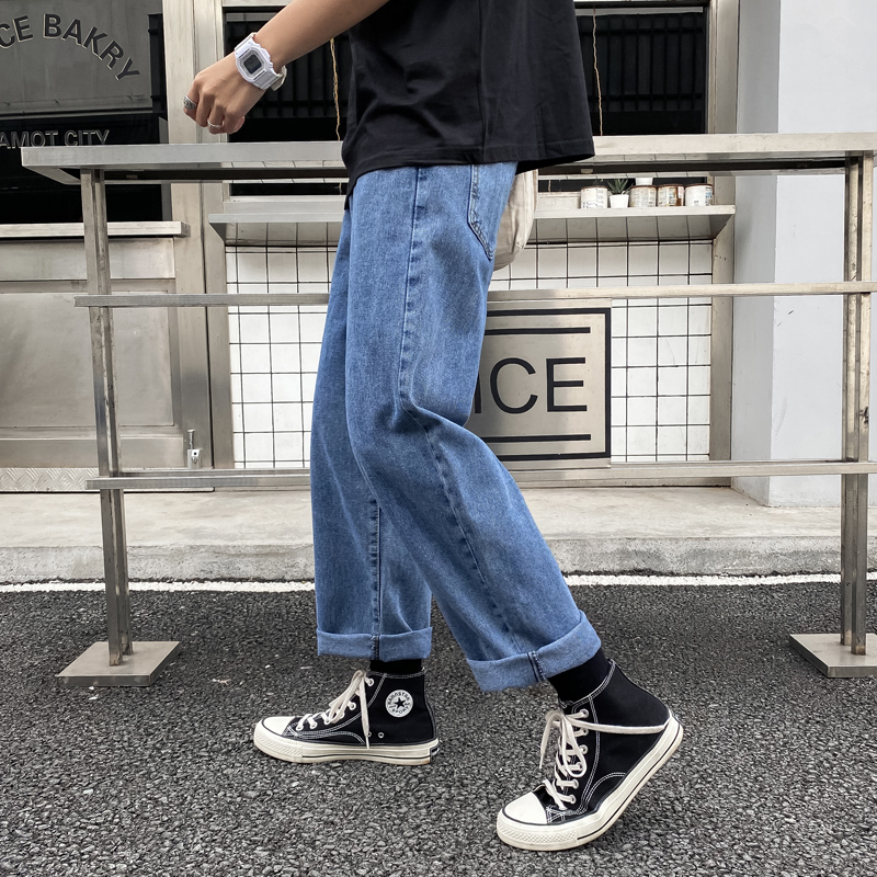 坠感阔腿牛仔裤男宽松直筒九分长裤日系潮牌大码腿粗屁股大裤子男