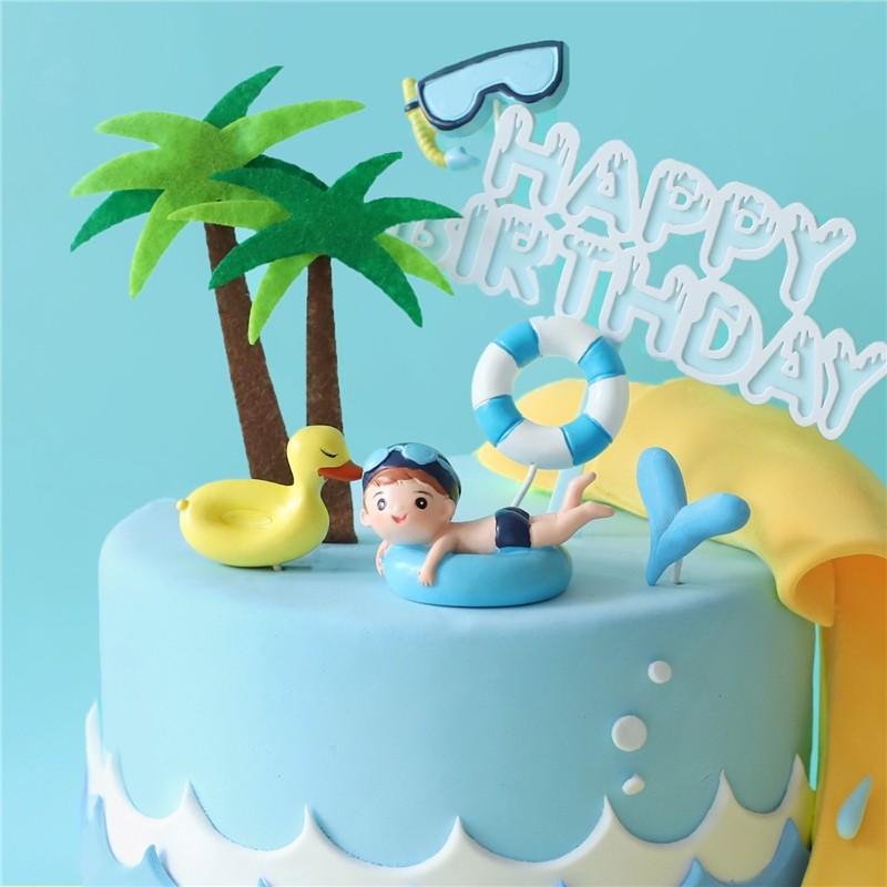 烘焙蛋糕装饰夏日水上乐园冲浪游泳男孩插牌摆件节日装扮用品