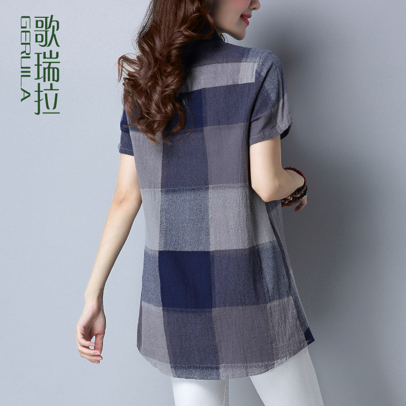 歌瑞拉春夏2018新款棉t恤女短袖 中长款格子上衣女休闲衬衫领