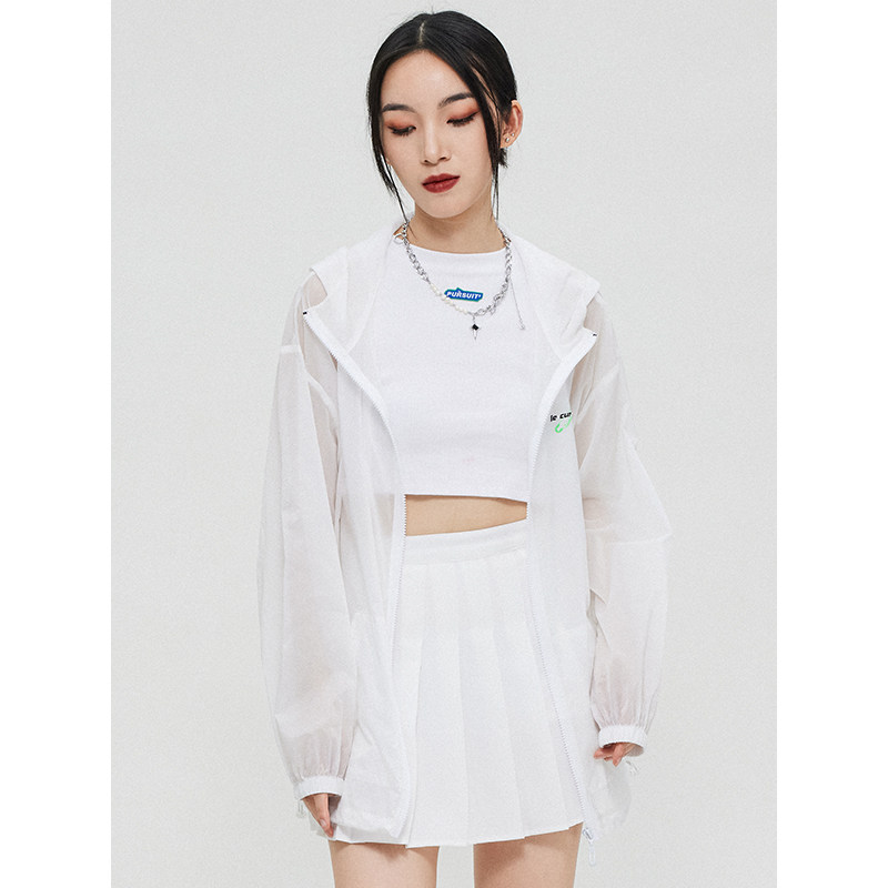 zuobeika潮牌白色防晒衣女宽松空调衫连帽薄款罩衫短外套