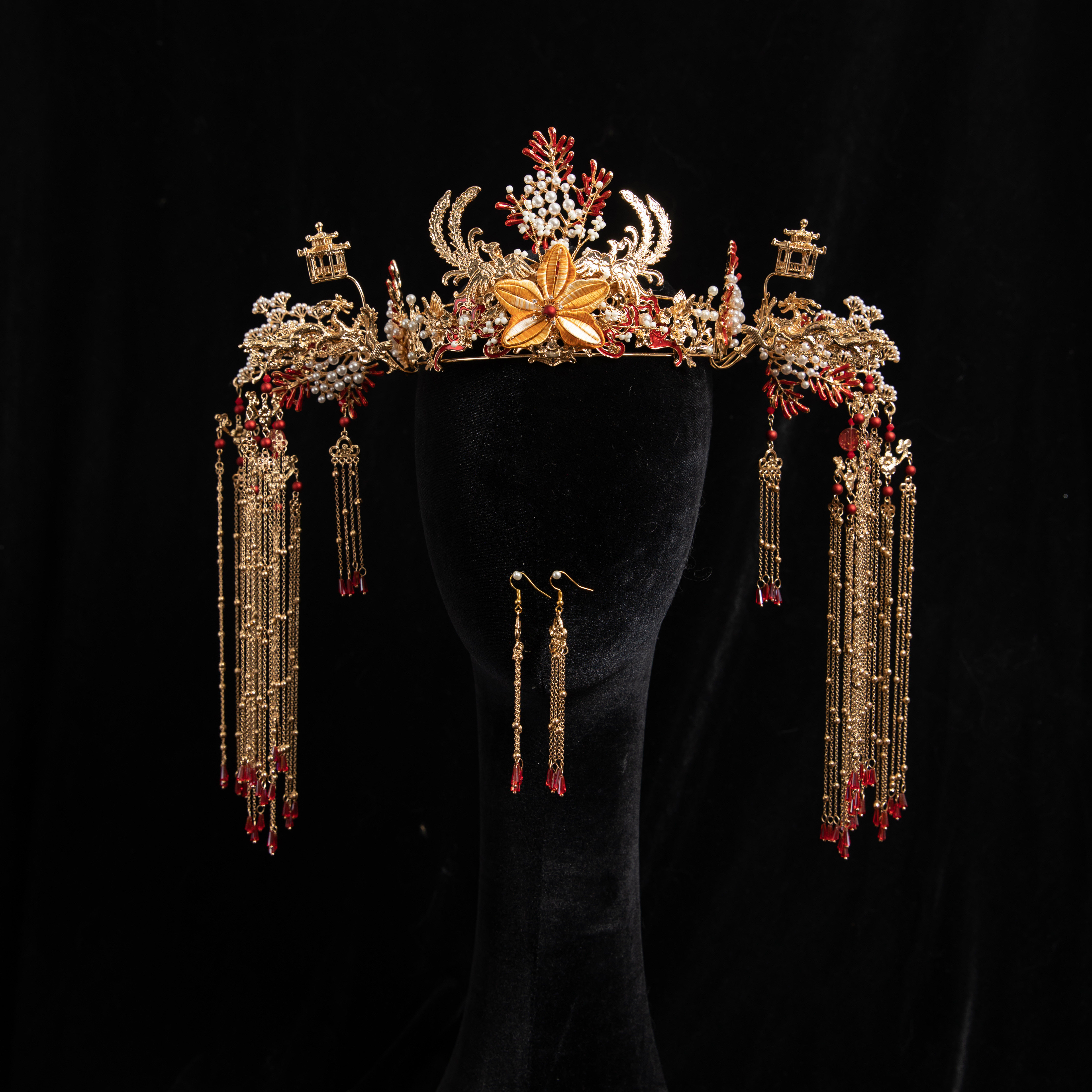 新娘古装秀禾头饰高端凤冠简单大气红色步摇发饰