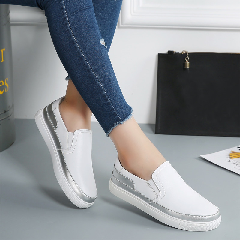 小白鞋女园头浅口平底福乐鞋女鞋2020新款女装鞋子百搭一脚蹬皮鞋