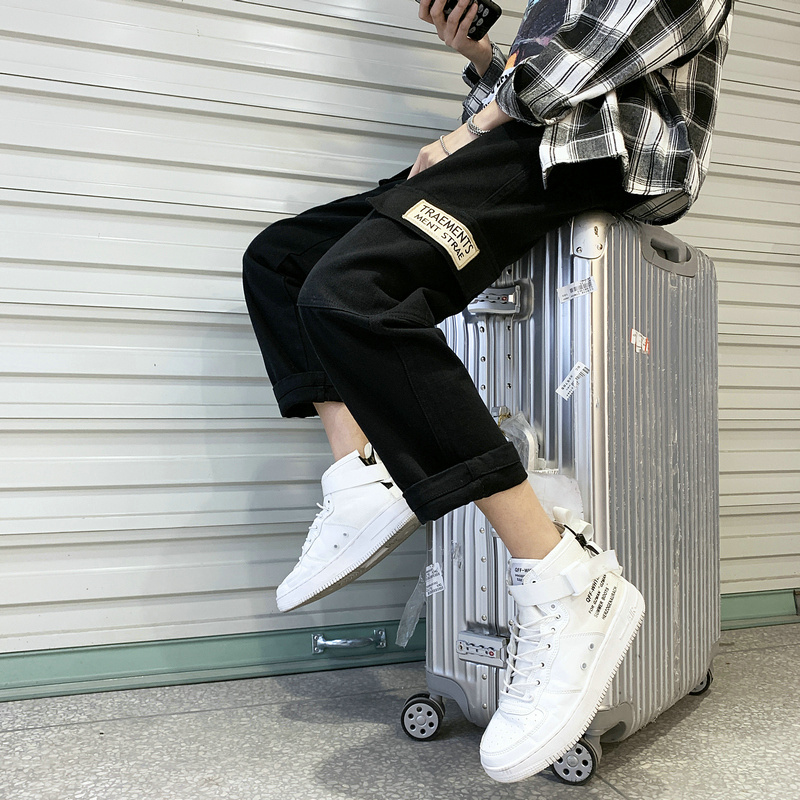 大学生休闲裤男2022年春秋宽松百搭直筒裤子青少年卷边九分工装裤