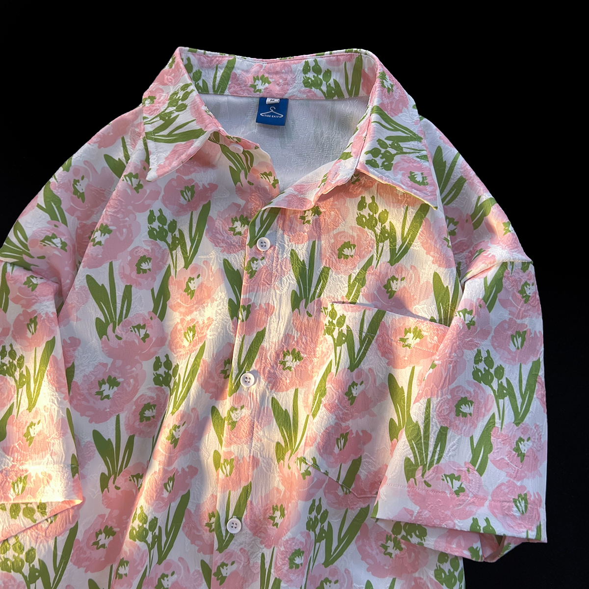 Jew4room夏日港风复古休闲满印花朵短袖花衬衫男生尖领情侣装夏装