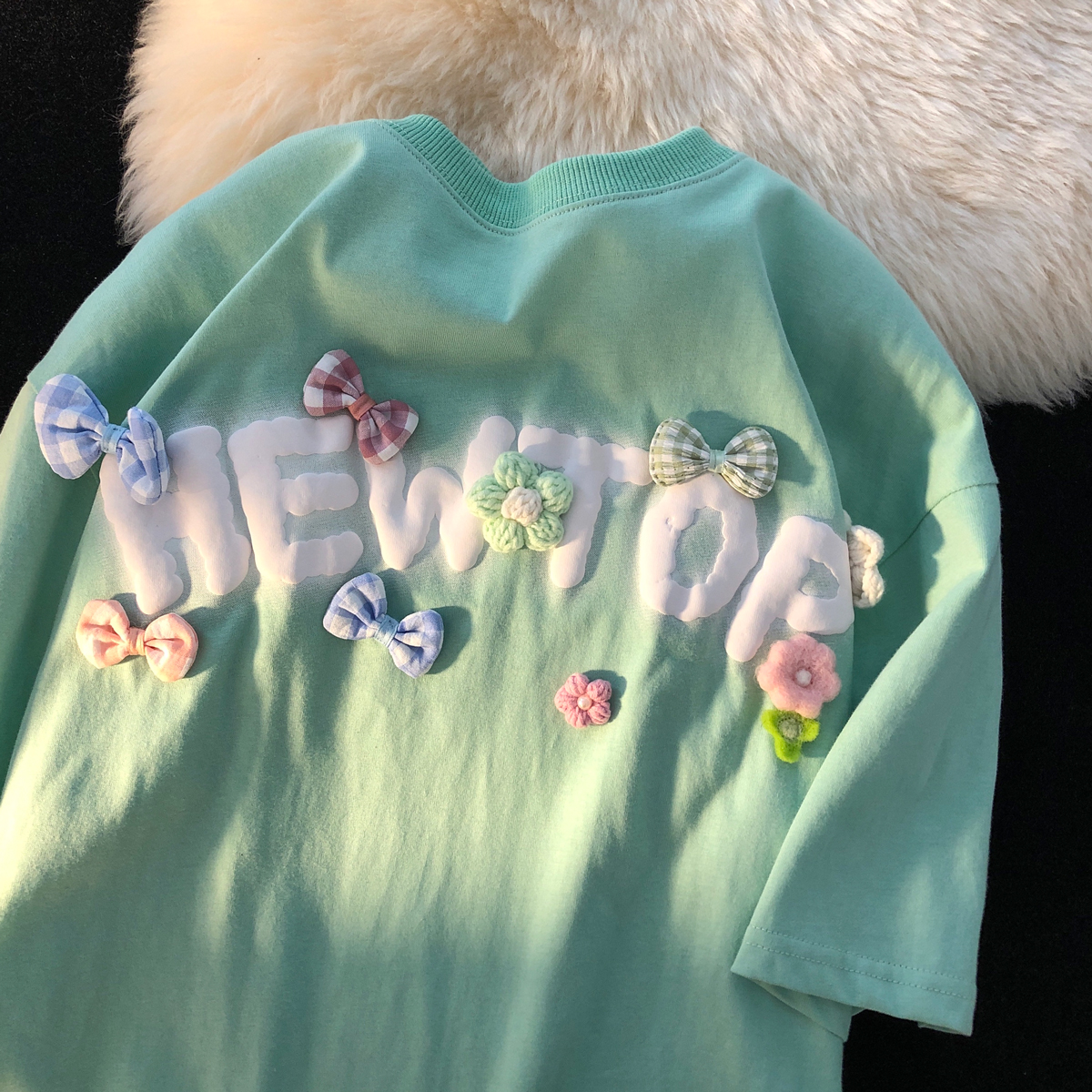 Jew4room日系可爱甜妹奶系花朵发泡短袖T恤男生 设计感小众上衣潮