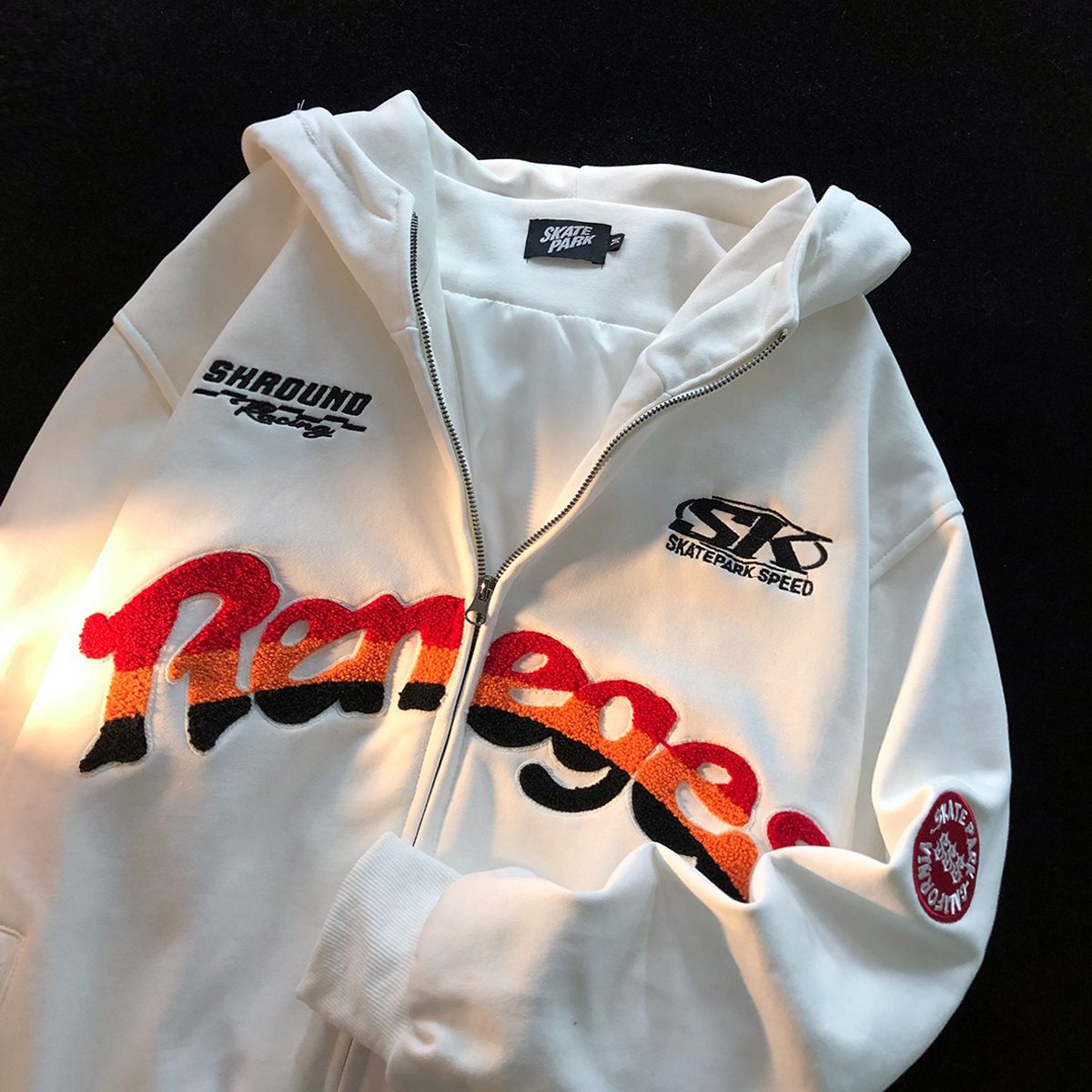 Jew4room美式复古刺绣字母撞色连帽开衫卫衣男外套