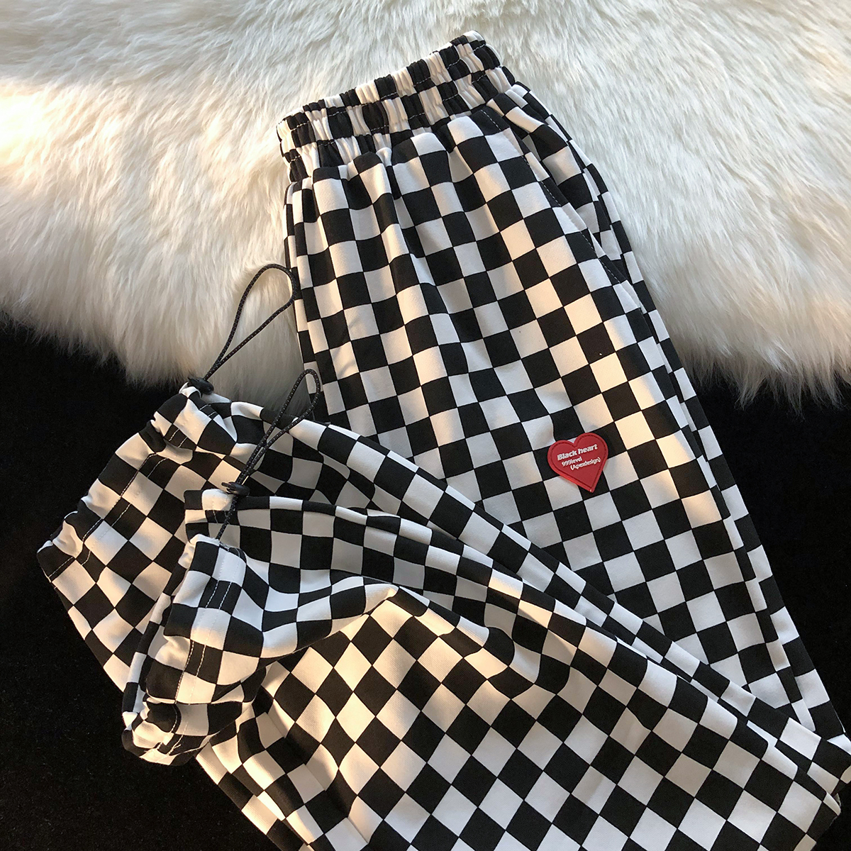 Jew4room潮牌黑白2021年新款格子新款爱心男生长裤百搭街头薄款潮