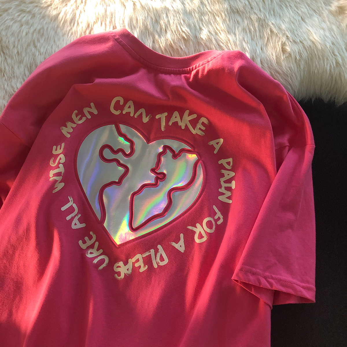 Jew4room酒红色反光亮面爱心短袖T恤男半袖美式vibe风别致上衣潮