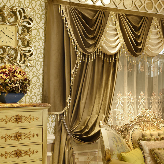 豪华宫廷简欧式窗帘客厅奢华大气天鹅真丝绒布料别墅窗帘幔头定制