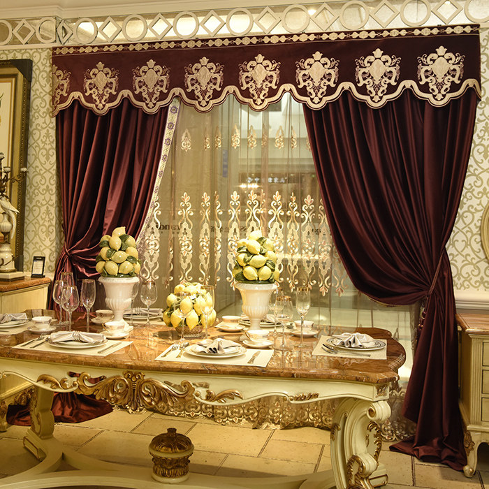 美式加厚轻奢华欧式纯色丝绒布料遮光客厅卧室窗帘头绣花帘幔定制