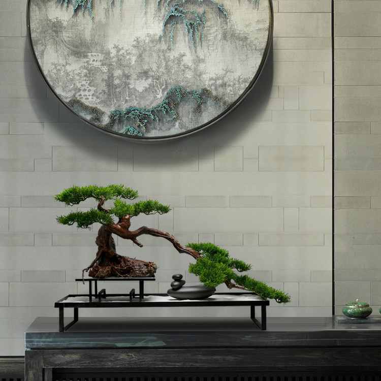 新中式端景台玄关电视柜摆件盆景柏树汉松罗汉松迎客松仿真植物盆景