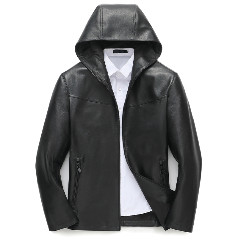 春秋新款真皮皮衣羽绒服男加厚头层山羊皮连帽修身休闲皮夹克外套