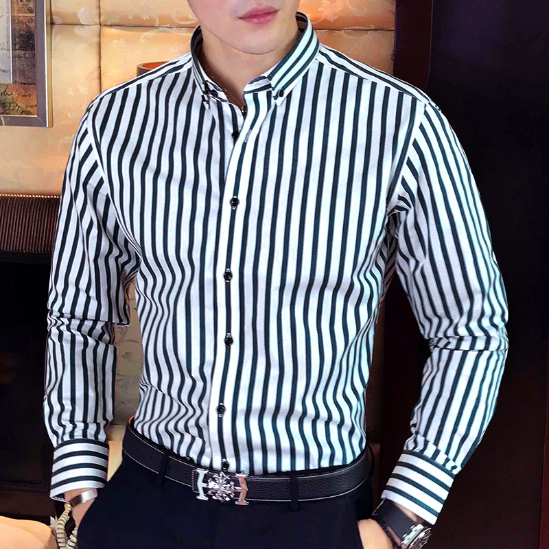 衬衫男长袖修身韩版休闲商务寸衫春季条纹衬衣竖条纯棉上衣青年潮
