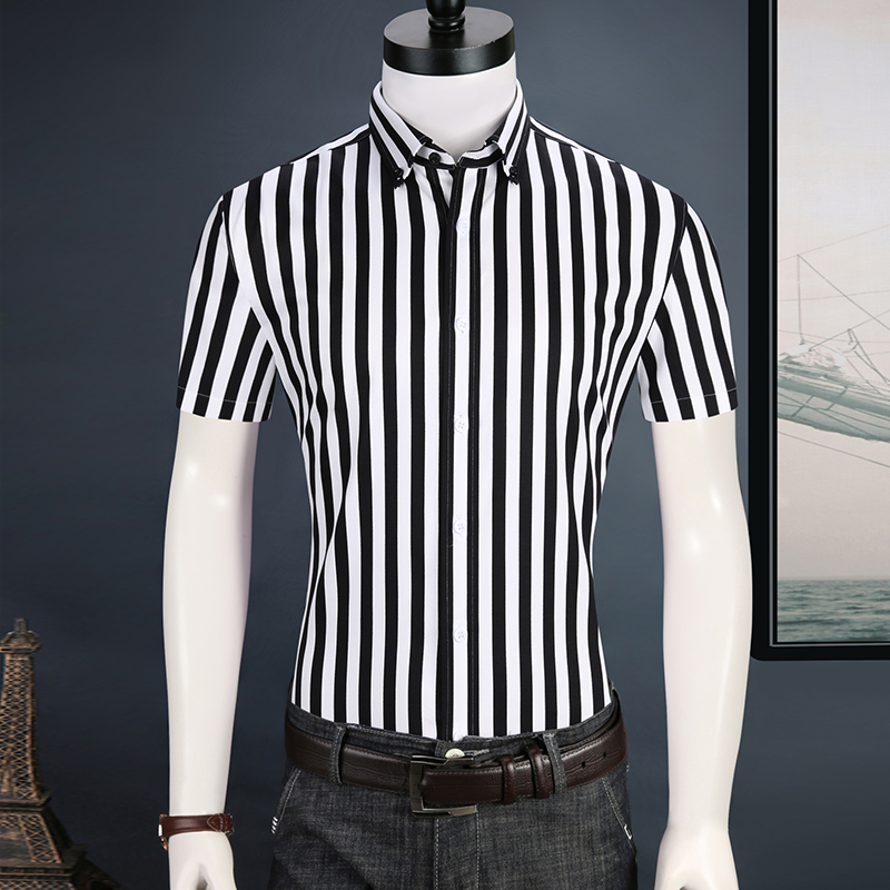 条纹衬衫男短袖纯棉修身寸衣夏季青年男士蓝白竖条纹商务休闲衬衣