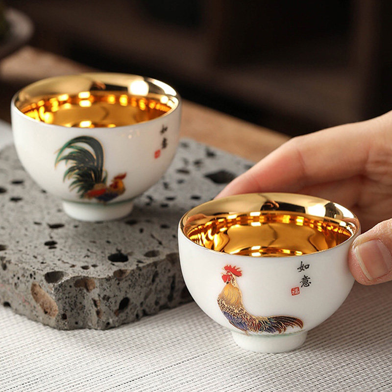 24k手工茶碗功夫茶功夫茶盏镶金品茗金鸡杯单杯茶杯