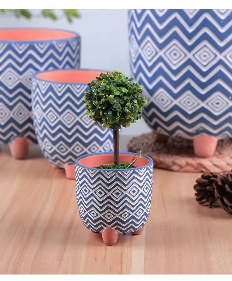 红陶几何图案条纹绿植简约大号做旧北欧风格花盆