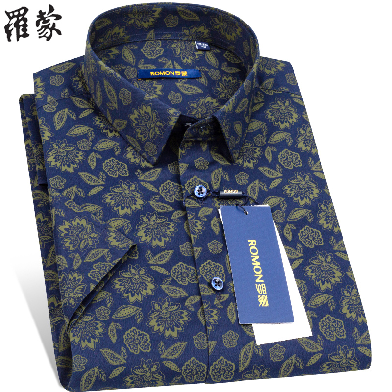 罗蒙花衬衫男士短袖休闲印花夏季中老年爸爸装纯棉宽松半袖衬衣男
