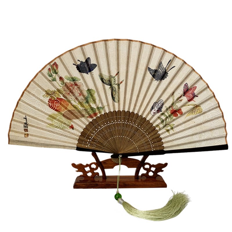 复古风古色古香蝴蝶猫咪折扇子日用扇夏季折扇子汉服摄影拍照竹女