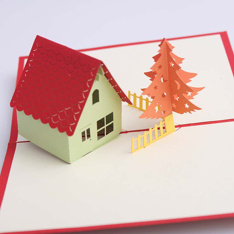 品妮创意3d手工立体简约节日生日祝贺爱情卡商务卡片房子和树贺卡