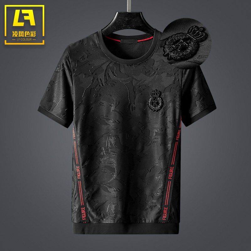 夏季潮牌提花丝光棉圆领男士加肥加大t恤短袖韩版休闲男装上衣服