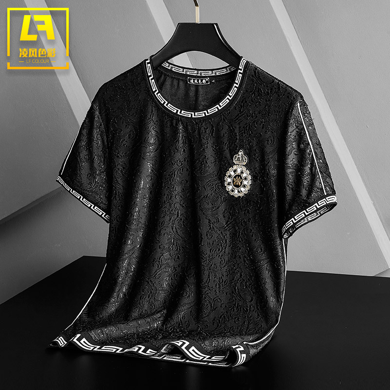 轻奢潮牌织带拼接丝光棉休闲短袖T恤 男大码宽松夏季男装半袖上衣