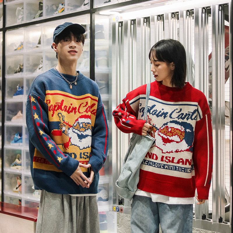 原创复古潮牌情侣装圆领圣诞节毛衣男新年宽松冬季厚款针织衫古着