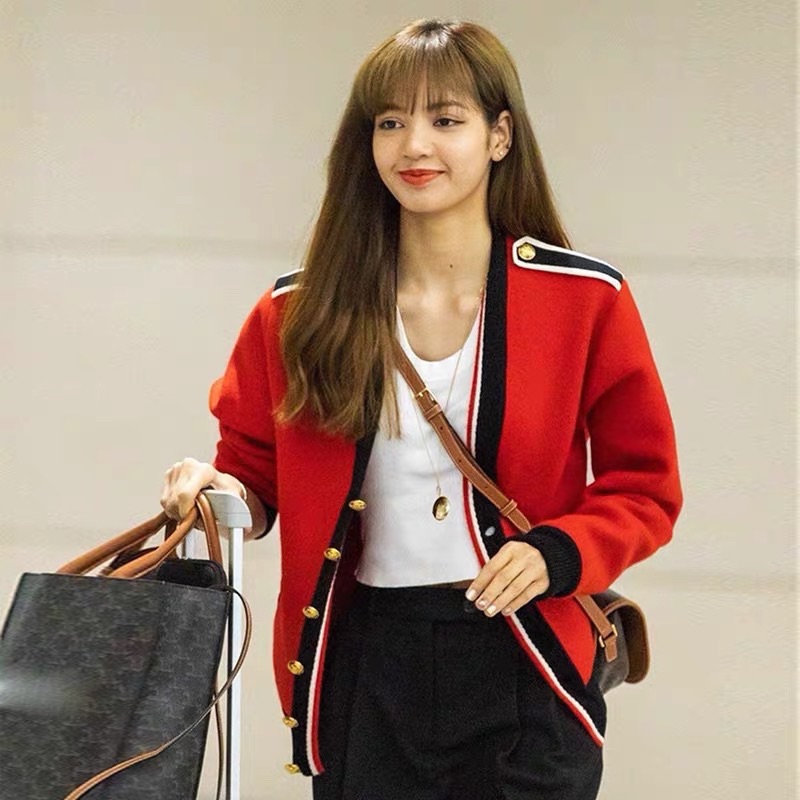 lisa同款红色针织开衫女韩版宽松慵懒风气气质毛针织衫