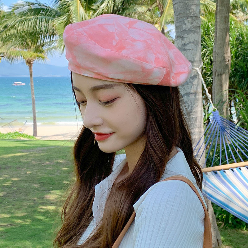 夏天贝雷帽女薄款遮阳显脸画家平顶油画风格蓓蕾帽子
