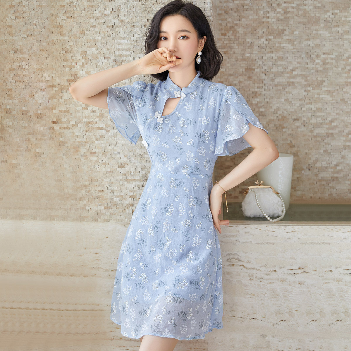 改良旗袍连衣裙2020年夏季新款收腰显瘦气质雪纺连衣裙