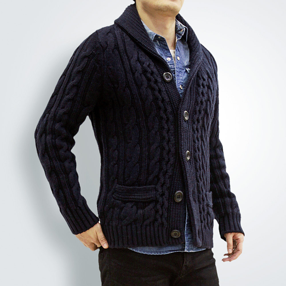 青果领棒针毛衣美式经典inpark超值复古粗麻麻花针织衫