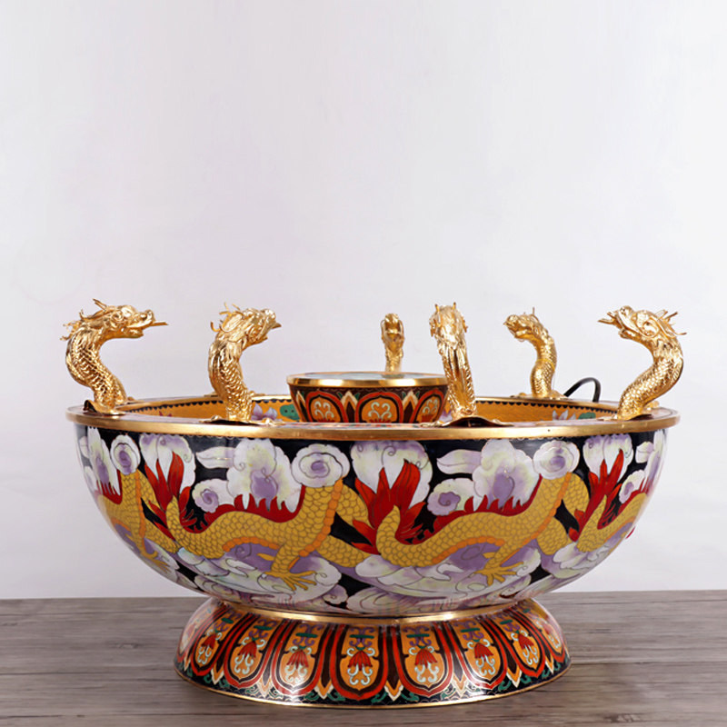 熙曼蒂金银九龙喷水水浴佛盆铜贴金太子景泰蓝浴佛节摆件