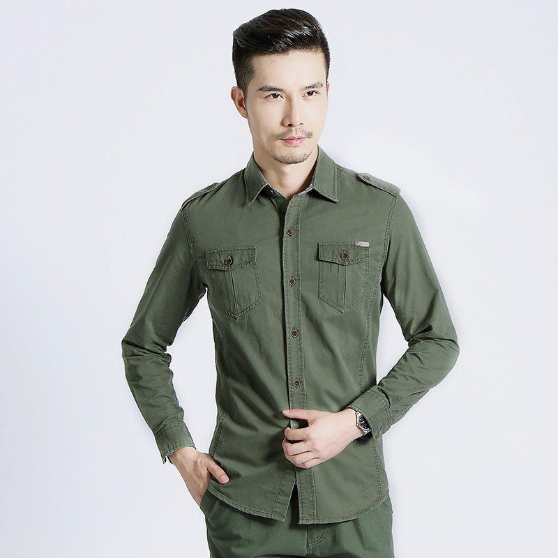 2017春秋军装多口袋工装迷彩上衣军绿衬衫男长袖纯棉休闲肩章衬衣