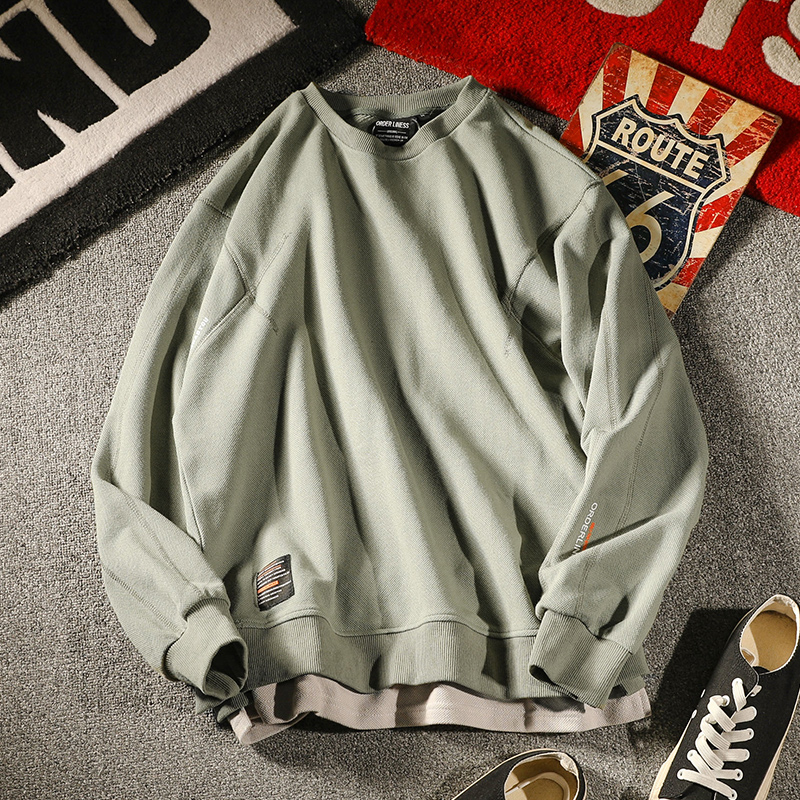 「撞色下摆」春季美式潮男士假两件拼接圆领卫衣日系休闲宽松套头