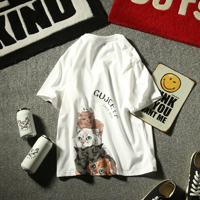 「猫咪小队」夏季日系潮男士印花短袖T恤情侣休闲宽松圆领打底衫