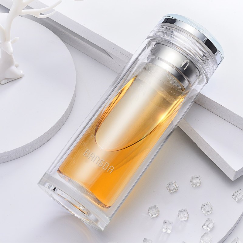 邦达水杯玻璃杯带盖双层加厚防烫杯子男高档泡茶杯过滤便携随手杯