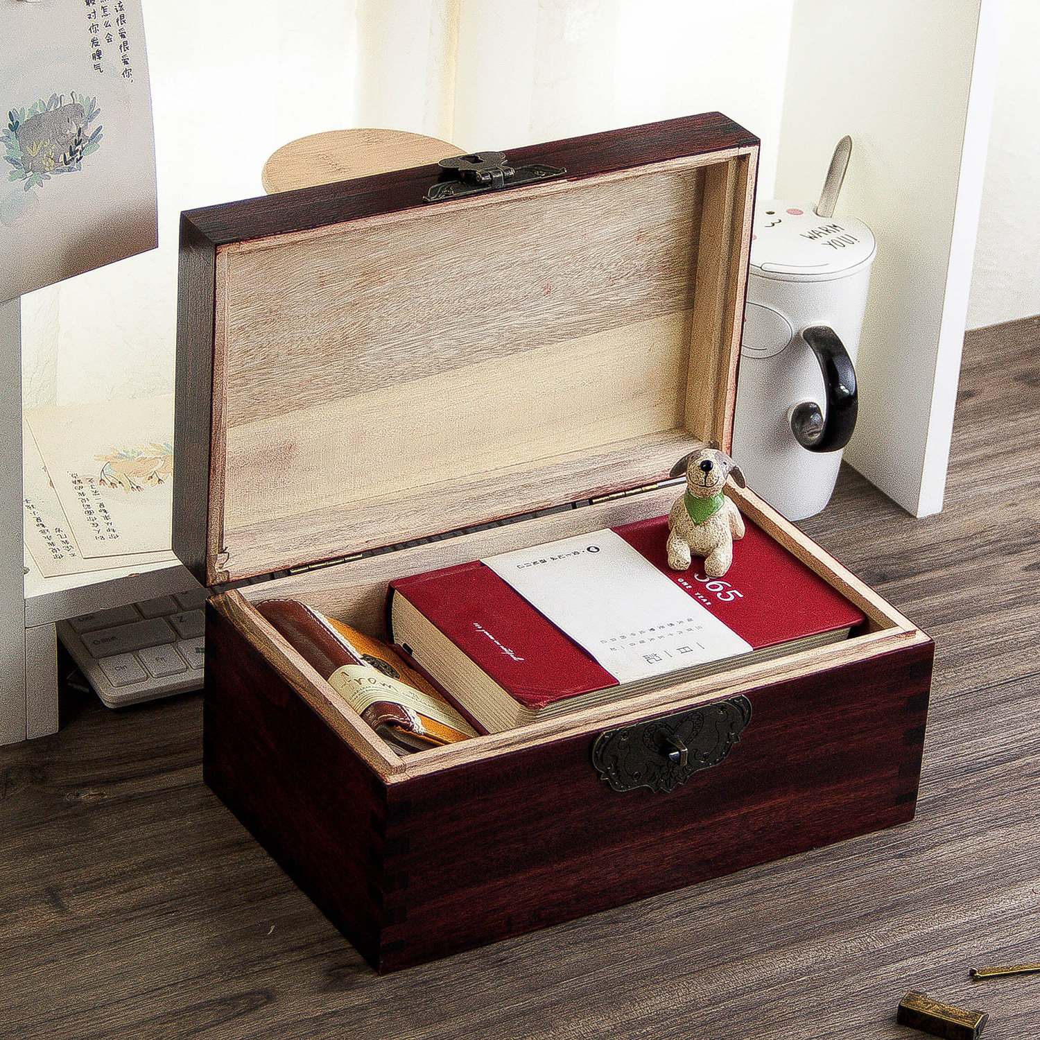 樟木复古木盒子带锁收纳盒实木质桌面收纳盒杂物小箱子木箱子香樟